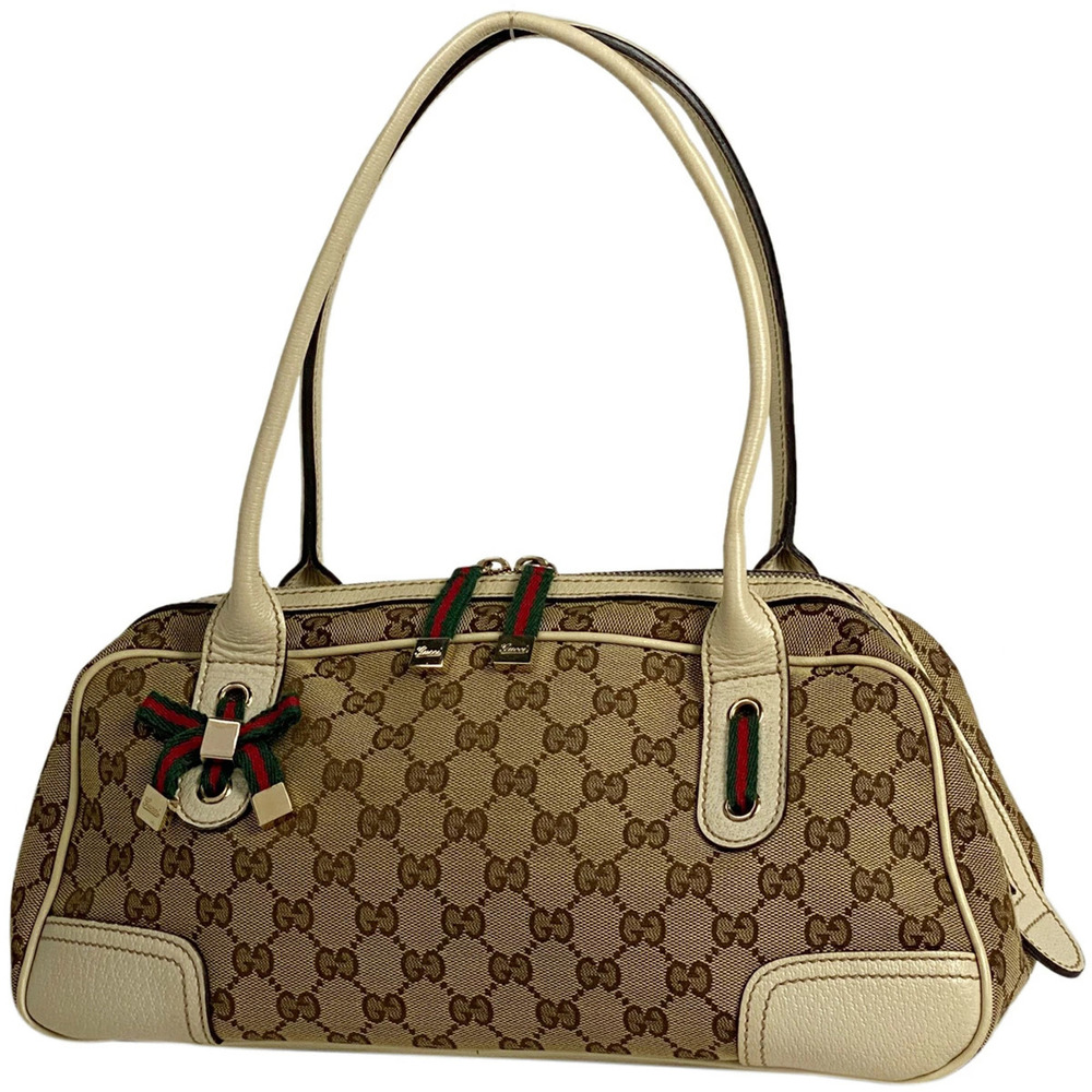 Gucci Princy Shoulder Bag GG Handbag Boston Sherry Canvas Beige White